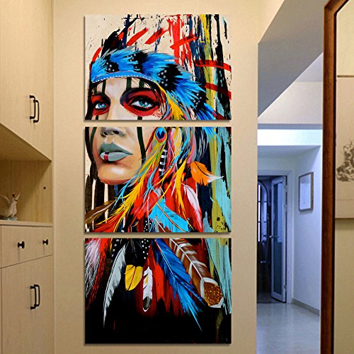 REFURBISHHOUSE 3 Piezas de Arte de Lienzo Indio Nativo Americano con Plumas Cuadro de Pared de Pintura para Salon