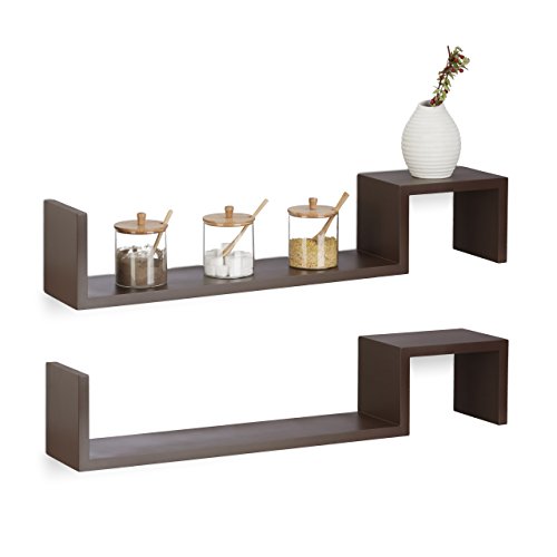 Relaxdays Juego de 2 Estantes de Pared en Forma Zigzag, Madera, Marrón, 15x80x15 cm