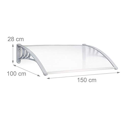 Relaxdays Marquesina toldo Techo para Puertas protección, plástico, Aluminio, 150 x 100 cm, tejado, Transparente, 100x150x28 cm