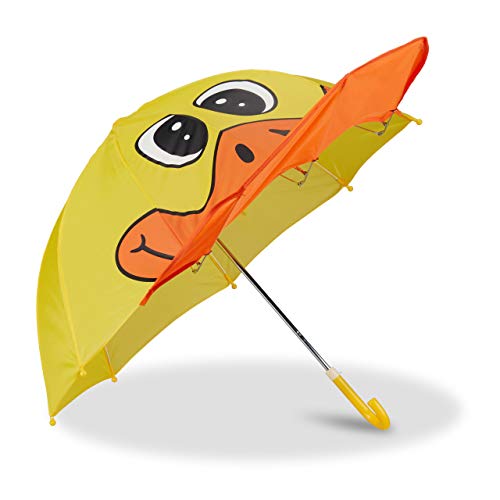 Relaxdays Paraguas Infantil de Pato en 3D, Poliéster-Plástico, Amarillo, 59 x 8 x 6 cm