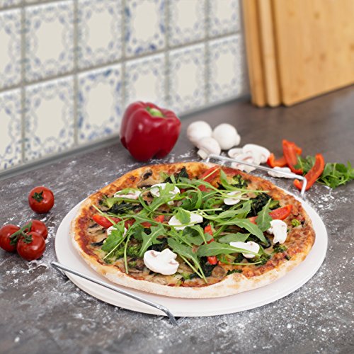 Relaxdays Piedra para Pizza con Soporte de Metal, cordierita, 3.5 x 34 x 33 cm, 1.5 Kg, Beige, 3,5 x 34 x 33 cm