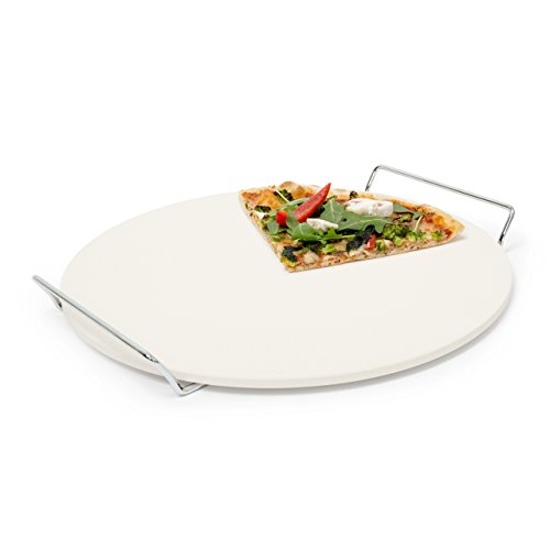 Relaxdays Piedra para Pizza con Soporte de Metal, cordierita, 3.5 x 34 x 33 cm, 1.5 Kg, Beige, 3,5 x 34 x 33 cm