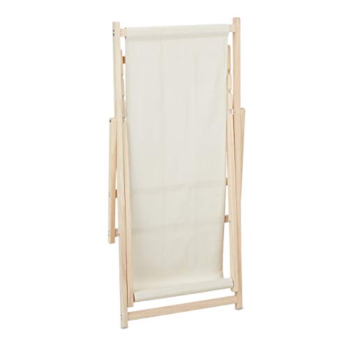 relaxdays Tumbona Plegable, Playa y Jardín, Silla Balcón Relajante, 3 Posiciones, Madera y Tela, 1 Ud, Beige
