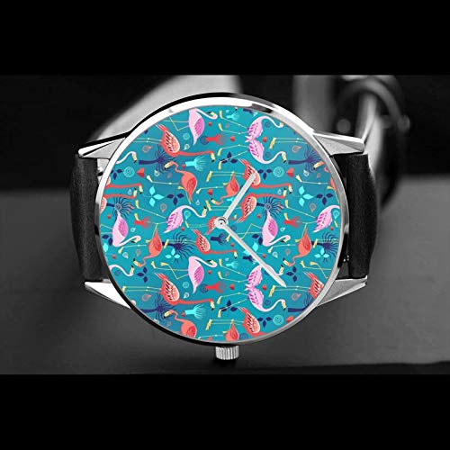 Reloj clásico, hermoso patrón de amantes de flamenco, correa de cuero negro, correa de muñeca, relojes casuales
