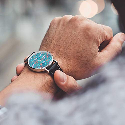 Reloj clásico, hermoso patrón de amantes de flamenco, correa de cuero negro, correa de muñeca, relojes casuales
