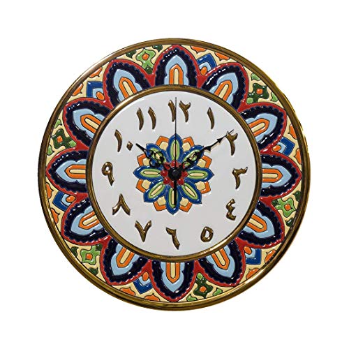 Reloj Números Árabes. Pared Decorativo hogar, Cocina, salón, Oficina. En Cerámica artística andaluza y Oro 24K - 28 cms. Colección Islámica: Decoración Hogar Modelo arábigo.