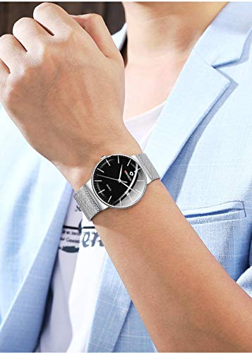 Relojes De Pulsera,Elegante Reloj Deportivo De Cuarzo Resistente Al Agua Apilado, Caja Plateada, Cara Negra