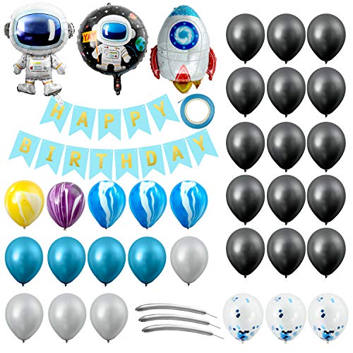 Remebe Decoraciones Cumpleaños, Decoraciones de Fiesta temáticas del Espacio Exterior, Astronauta Cohete Globos Foil y Happy Birthday Pancarta Astronauta Globos Látex, Astronaut Foil Balloon Espacial