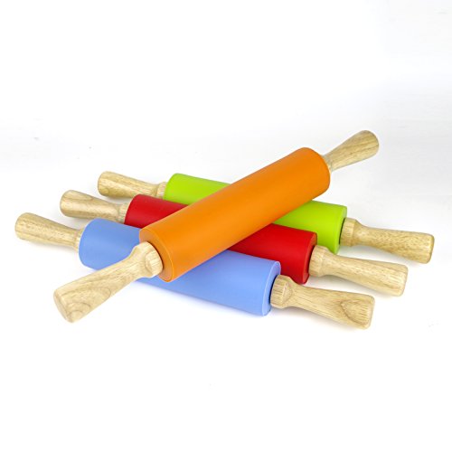 Remeel Rodillo Pastelero de Silicona con Manija de Madera de Superficie Antiadherente (Azul, 39cm)