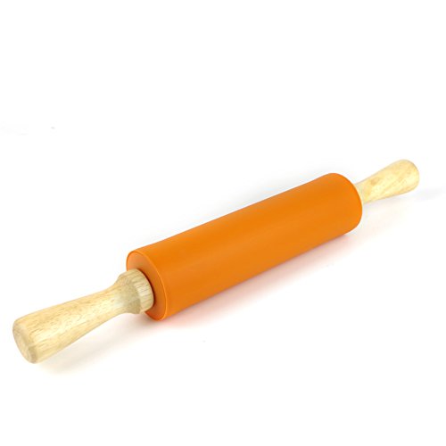 Remeel Rodillo Pastelero de Silicona con Manija de Madera de Superficie Antiadherente (Naranja, 39cm)