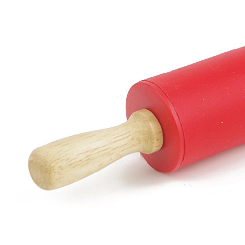 Remeel Rodillo Pastelero de Silicona con Manija de Madera de Superficie Antiadherente (Rojo, 30cm)