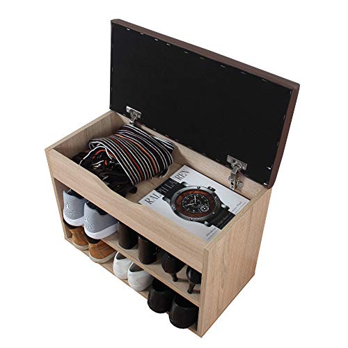 RICOO WM032-ES-B, Banco Zapatero, 60x42x30cm, Armario Interior con Asiento, Organizador Zapatos, Mueble recibidor, Perchero, Madera Roble marrón