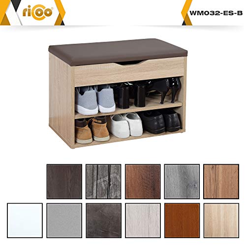 RICOO WM032-ES-B, Banco Zapatero, 60x42x30cm, Armario Interior con Asiento, Organizador Zapatos, Mueble recibidor, Perchero, Madera Roble marrón