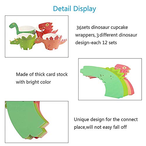 Rmeet Cupcake Wrappers Dinosaur,36 Pack Dinosaur Papel Magdalenas Decoración para Tartas para Cumpleaños Niños Dinosaurios Decoración para Fiestas Favors