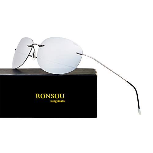 RONSOU Gafas de Sol Polarizadas a La Moda Coloridas y Sin Montura Titanio para Hombres y Mujerse Marco Gris Lente Plateado(reflejado)