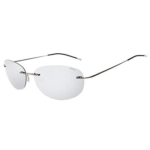 RONSOU Gafas de Sol Polarizadas a La Moda Coloridas y Sin Montura Titanio para Hombres y Mujerse Marco Gris Lente Plateado(reflejado)