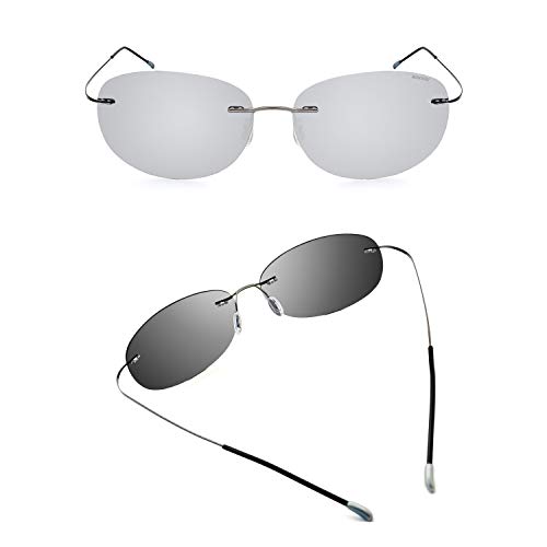 RONSOU Gafas de Sol Polarizadas a La Moda Coloridas y Sin Montura Titanio para Hombres y Mujerse Marco Gris Lente Plateado(reflejado)