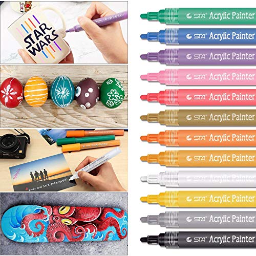 Rotuladores Permanentes, STA Marcadores de Pintura acrílica 12 Colores Punta Mediana No Tóxicos para Pintar sobre Papel, Piedra, Madera, Cerámica, Metal, y Huevos de Pascua