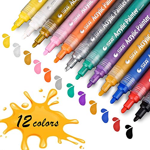Rotuladores Permanentes, STA Marcadores de Pintura acrílica 12 Colores Punta Mediana No Tóxicos para Pintar sobre Papel, Piedra, Madera, Cerámica, Metal, y Huevos de Pascua