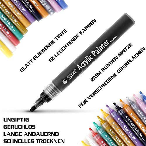 Rotuladores Permanentes, STA Marcadores de Pintura acrílica 12 Colores Punta Mediana No Tóxicos para Pintar sobre Papel, Piedra, Madera, Cerámica, Metal, y Huevos de Pascua