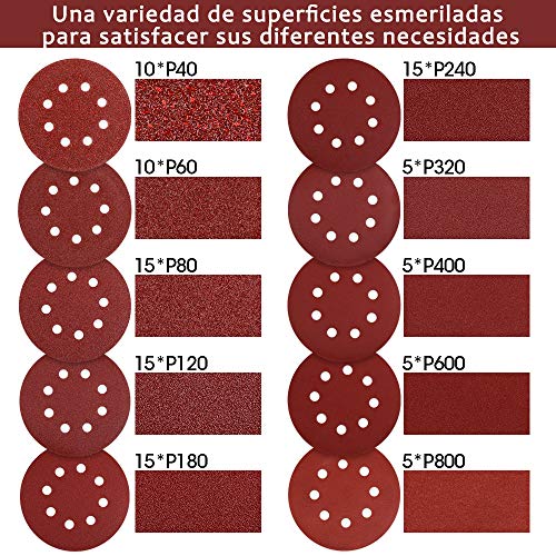 Rovtop Papel de Lija 100pcs - Disco de Lija 40/60/80/120/180/240/320/400/600/800 Granos Surtidos 125mm Papeles de Lija Abrasivos con 8 Agujeros Cinta de Sujeción Durable para Lijadora Excéntrica, Seco