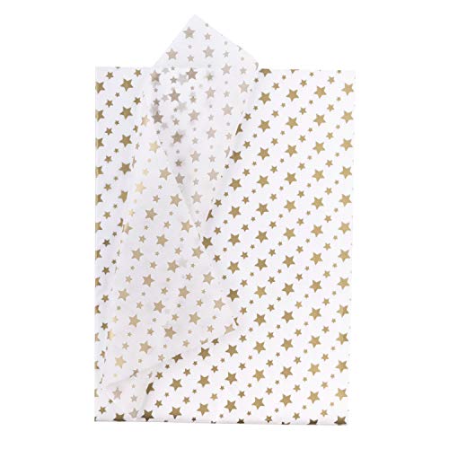 RUSPEPA Papel De Seda Para Envolver Regalos - Papel Metalizado Blanco Dorado Con Estampado De Estrellas A Granel Para Papel De Regalo,Manualidades,Bricolaje,Bolsas De Embalaje - 50 X 70CM - 25 Hojas