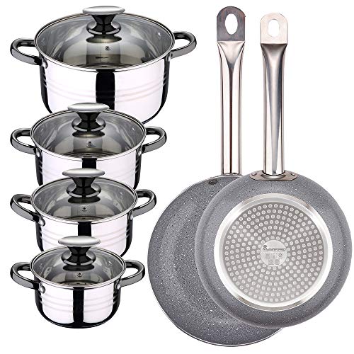 San Ignacio PK1434 Grey-Batería 10 pcs: cacerolas con Tapa y Set sartenes, Acero Inoxidable