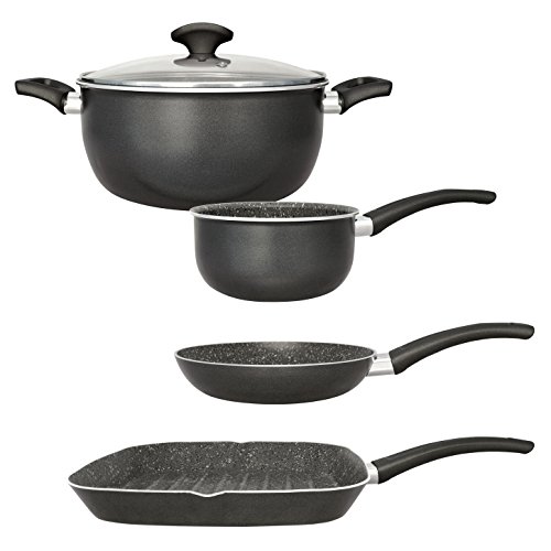 San Ignacio Set Casual Batería de Cocina Gourmet, Aluminio prensado, Gris Oscuro, Cazo de Ø16 Ø20 sartén Grill de 28x28 Olla de Ø24 cms con Tapa de Vidrio