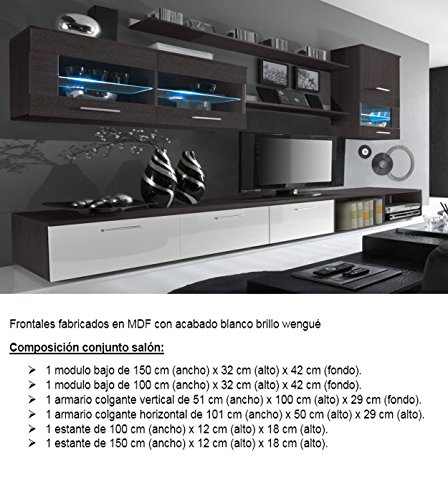 SelectionHome - Salón Moderno, Comedor con Luces Leds, Acabado en Blanco Brillo y Wengué, Medidas: 250x190x42 cm de Fondo