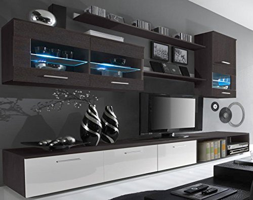 SelectionHome - Salón Moderno, Comedor con Luces Leds, Acabado en Blanco Brillo y Wengué, Medidas: 250x190x42 cm de Fondo