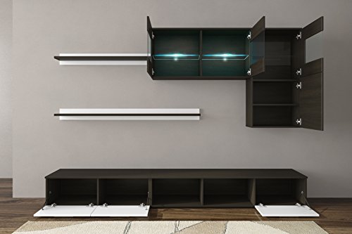 SelectionHome - Salón Moderno, Comedor con Luces Leds, Acabado en Blanco Brillo y Wengué, Medidas: 250x190x42 cm de Fondo