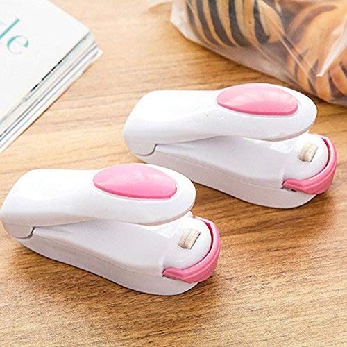 Sellador de bolsa, shineus mano presión Mini calor máquina de sellado Impulse sellador sellado embalaje bolsas de plástico Set de 2 (blanco y rosa)