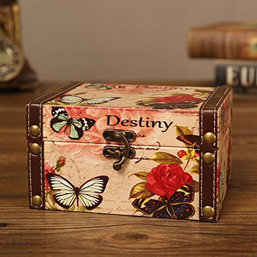Semoic Maleta Decorativa de Almacenamiento Vintage Peque？A Caja de Madera Retro Casket Lock Caja de Almacenamiento de Escritorio Acabado Muhe Joyero Rose Butterfly