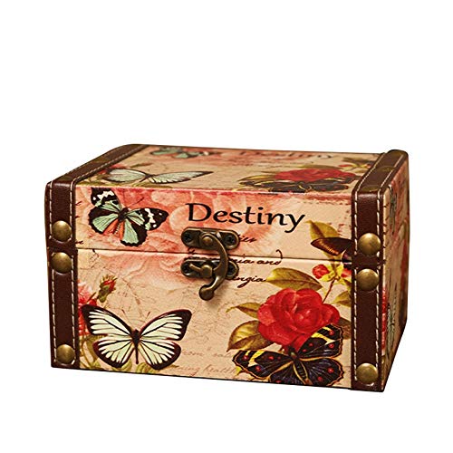Semoic Maleta Decorativa de Almacenamiento Vintage Peque？A Caja de Madera Retro Casket Lock Caja de Almacenamiento de Escritorio Acabado Muhe Joyero Rose Butterfly
