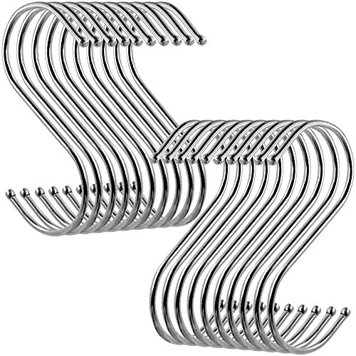 Senhai 20 Ganchos Colgantes en Forma de S en Paquete, 3,6 Pulgadas de Perchas de Metal de Acero Inoxidable para el gabinete de la Cocina Oficina del Dormitorio del baño - Talla M - Plata