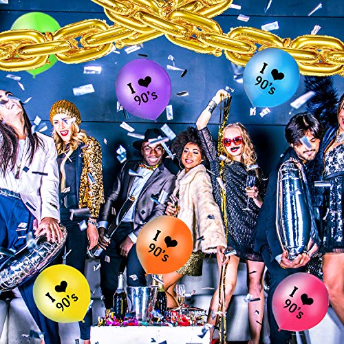 Set de Globos Temáticos de Fiesta 90s, Incluye 20 Globos de Cadena de Aluminio de 16 Pulgadas, 24 Globos de Látex I Love 90s y 2 Rollos Cinta Oro para Fiesta Boda Cumpleaños de Tema Hip Hop 90s