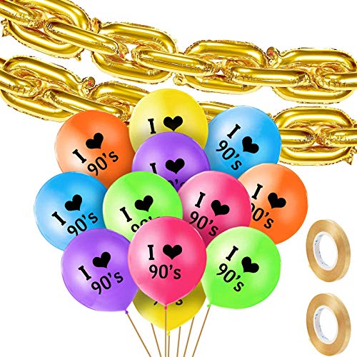 Set de Globos Temáticos de Fiesta 90s, Incluye 20 Globos de Cadena de Aluminio de 16 Pulgadas, 24 Globos de Látex I Love 90s y 2 Rollos Cinta Oro para Fiesta Boda Cumpleaños de Tema Hip Hop 90s
