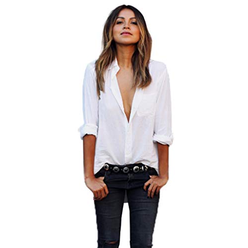 SHOBDW Mujeres V Cuello Blusa Pura Atractiva Grandes Suaves OL Ladies Sueltas Camisas de Bolsillo Tallas Tops Camisa de Manga Larga(Blanco,M)