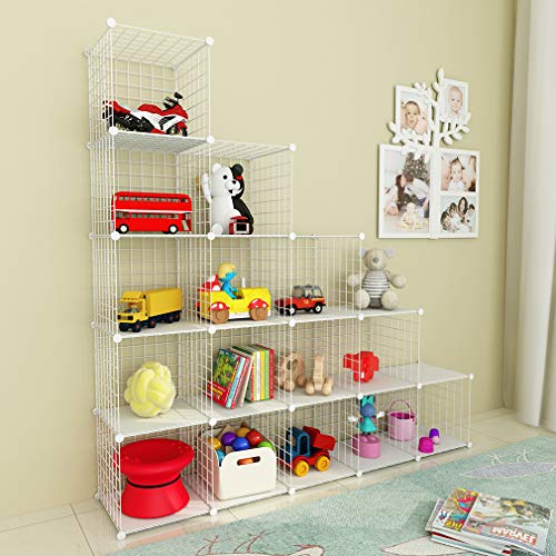 SIMPDIY estanteria Modular Malla Almacenamiento, librería Armario 16 Cubos, estanterias metalicas almacenaje Alta Capacidad, Vitrina Almacenamiento artículos Sala Estar Oficina, 124x32x124cm, Blanco