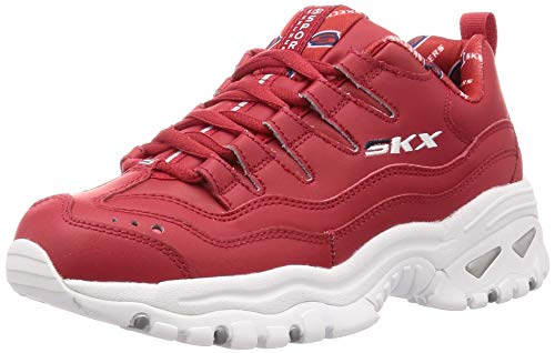 Skechers Energy-Retro Vision, Sandalias con Punta Cerrada para Mujer, Rojo Rojo Cuero Azul Marino Blanco Trim Rojo, 38 EU