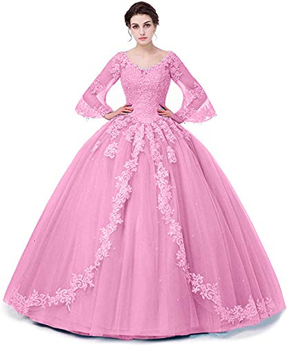 Snow Lotus - Vestido de quinceañera con cuello en V para mujer con mangas