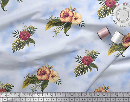 Soimoi Azul satén crepe japón Tela hojas tropicales y los s floral estampada de tela por metro 42 Pulgadas de ancho