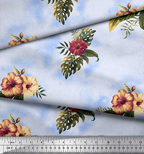 Soimoi Azul satén crepe japón Tela hojas tropicales y los s floral estampada de tela por metro 42 Pulgadas de ancho