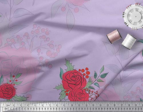 Soimoi Purpura saten de seda Tela hojas de acebo y se levantó flor tela estampada de por metro 42 Pulgadas de ancho