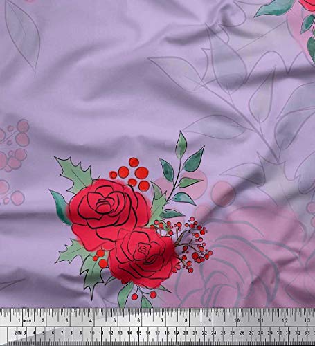 Soimoi Purpura saten de seda Tela hojas de acebo y se levantó flor tela estampada de por metro 42 Pulgadas de ancho