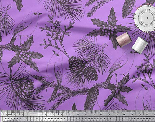 Soimoi Tela De Seda De Satén Morado Hojas De Acebo, Tela De Piña Y Estampado De Pájaros Robin Americano De Yard 42 Inch Wide