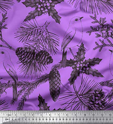 Soimoi Tela De Seda De Satén Morado Hojas De Acebo, Tela De Piña Y Estampado De Pájaros Robin Americano De Yard 42 Inch Wide