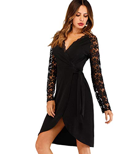 SOLY HUX Mujer Vestidos 2019 Ajustados Vintage Encaje Floral Coctel Vestido, de Manga Larga,V Cuello para Fiesta
