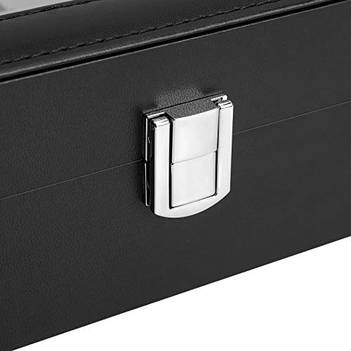 SONGMICS Caja de Relojes con 12 Compartimentos, Estuche para Relojes con Tapa de Cristal, Almohada Extraíble, Forro de Terciopelo, Cierre de Metal, Cuero Sintético Negro, Forro Gris JWB12BK