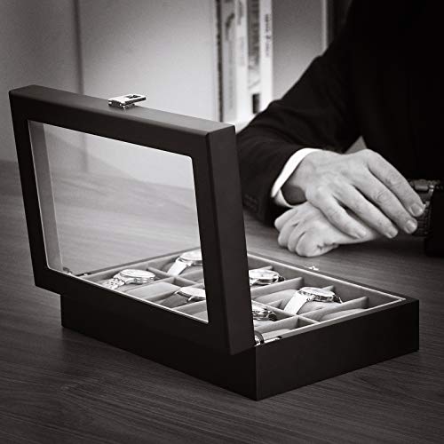SONGMICS Caja de Relojes con 12 Compartimentos, Estuche para Relojes con Tapa de Cristal, Almohada Extraíble, Forro de Terciopelo, Cierre de Metal, Cuero Sintético Negro, Forro Gris JWB12BK